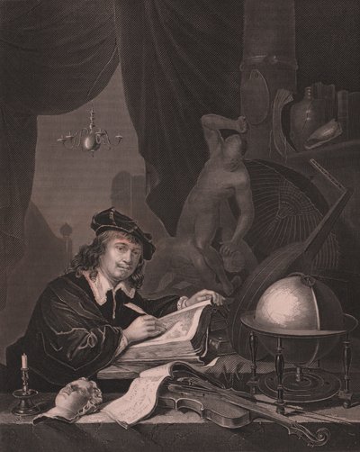 Porträtt av den holländska målaren Gerrit Dou (1613-1675), gravyr av Albert Henry Paine från målningen Gerrit Dou, från Paynes Royal Dresden Gallery, av Albert Henry Payne, H Payne Dresden och Leipzig förlag, cirka 1840 av William Walcutt
