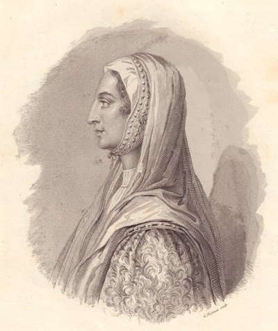 Porträtt av den italienska adelsdamen Beatrice Lascaris di Tenda (1372-1418), kopparstick av G Fusinati från porträtt utgiven av Antonio Campo av William Walcutt