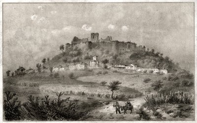 Ruinerna av slottet Preny, Lorraine. ca. 1860 (gravyr) av . .