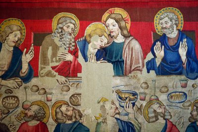 Sankt Markus museum. Gobeläng i ull med avsnitt ur Kristi lidande. Sista måltiden. av . .