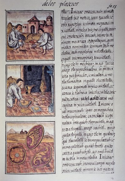 Tillverkning av bordsservis och sköld, sida från den florentinska Codex, tvåspråkig version på spanska och Nahuatl, General History of the Things of New Spain, av den spanska missionären Fray Bernardino de Sahagun. Aztekisk civilisation av Georg Carl Heinrich Dollmann