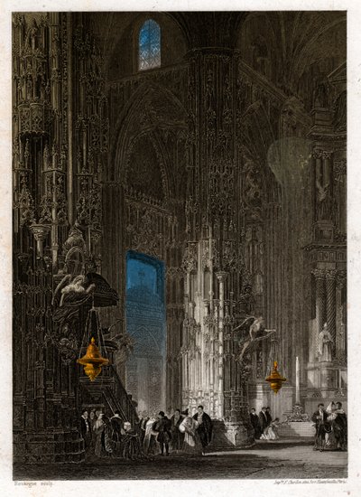 Sankt Frälsarens katedral i Jerez de la Frontera (Xeres). cirka 1840 (gravyr) av . .