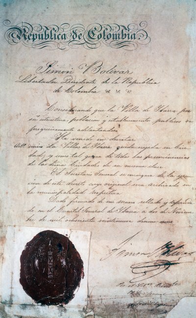 Den handling genom vilken Simon Bolivar förklarade staden San Miguel de Ibarra, huvudstad i den omgivande provinsen, vid den tiden som en del av Stor-Colombia (idag Ecuador), den 2 november av Georg Carl Heinrich Dollmann