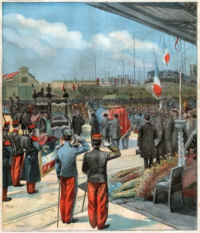 Kroppen av den franske utforskaren Pierre Savorgnan de Brazza hämtade från Dakar (Senegal) till Paris (illustration) av John Pardon