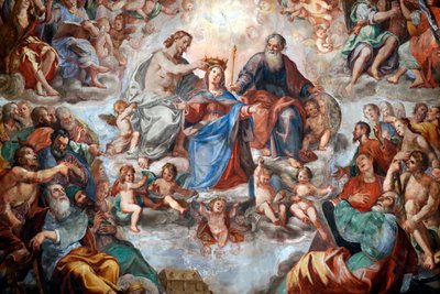 Jungfruns kröning. Fresk. San Donato kyrka. Genua. Italien. av . .