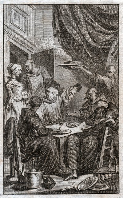 Festen för munkar som bryter mot klosterreglerna. De dricker vin, uppvaktar pigor. 1700-tal (gravyr) av . .