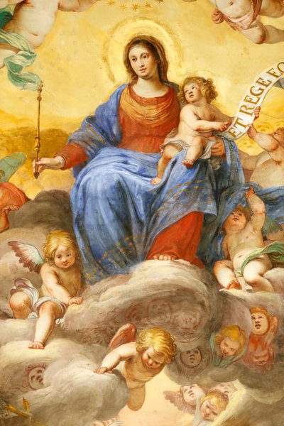 Jungfru Maria och barn. Färsk. Palazzo Fieschi-Crosa Di Vergagni. Genua. Italien. av . .