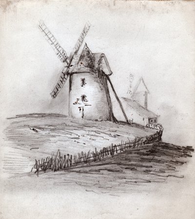 Väderkvarn i Normandie, Frankrike. cirka 1830 (illustration) av . .