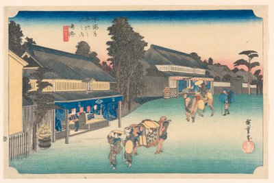 Narumi, en plats som är känd för sin duk, i de femtiotre stationerna på Tokaido Road av Hiroshige