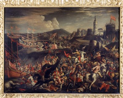 Attack av saracenerna på ön Malta, försvarad av riddarnas sjukhuslärare 1565 av Italian School