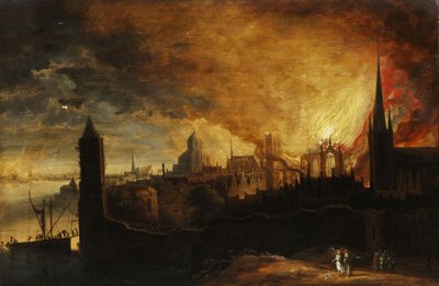 Brinnande stad med Lot, ängeln och hans döttrar av Anonymous