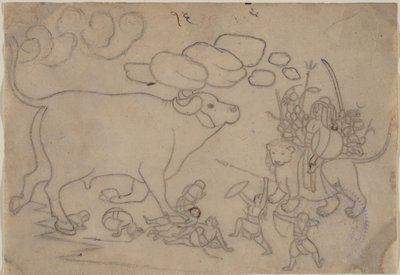Durga konfronterar Buffalo Demon Mahisha: Scen från Devi Mahatmya, ca. 1780. av a first generation master after Nainsukh