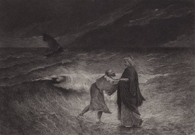 Jesus och Peter på havet av after Albert Robida