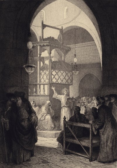 Jesus i synagogan av after Albert Robida