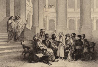 Jesus mitt bland läkarna av after Albert Robida