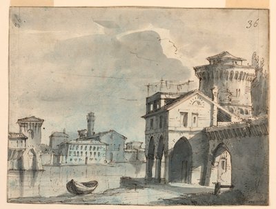 Scendesign, byggnader vid floden av after Alessandro Sanquirico