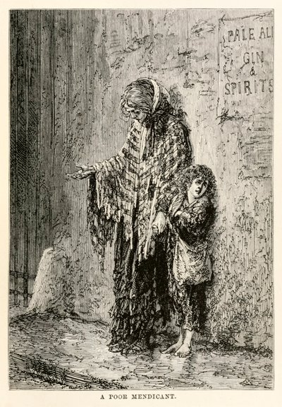 En fattig mendicant, från Around the World in Eighty Days av Jules Verne (1828-1905), graverad av Louis Dumont (f.1822) 1873 av after Alphonse Marie de Neuville