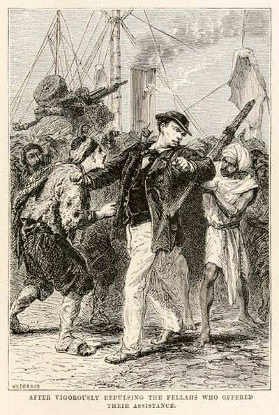 Efter att kraftfullt stött bort de killar som erbjöd sin hjälp, från Jorden runt på åttio dagar av Jules Verne (1828-1905), graverad av Henri-Théophile Hildebrand (1824-1897) 1873 (gravyr av after Alphonse Marie de Neuville