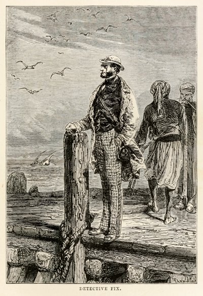Detektiv Fix, från världen runt på åttio dagar av Jules Verne (1828-1905), graverad av Louis Dumont (f.1822), 1873 av after Alphonse Marie de Neuville
