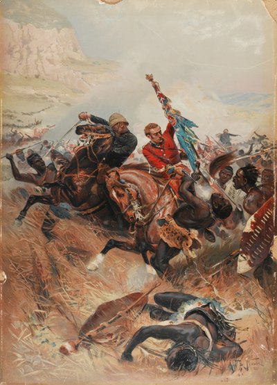 Löjtnanter Melville och Coghill Saving the Colours, Zulukriget 1879, 1881 (chromolitho) av after Alphonse Marie de Neuville