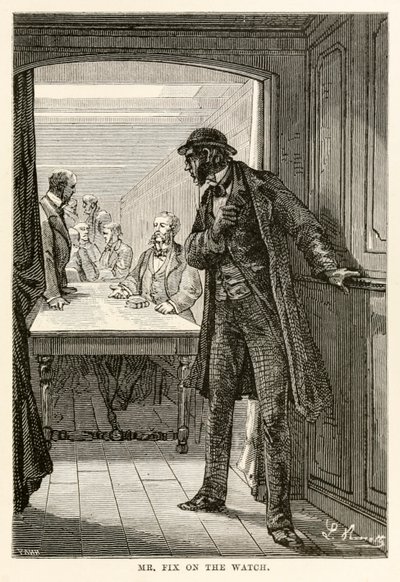 Herr Fix på klockan, från Around the World in Eighty Days av Jules Verne (1828-1905), graverad av Louis Dumont (f.1822), 1873 av after Alphonse Marie de Neuville