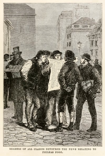Läsare av alla klasser slukade nyheterna om Phileas Fogg, från Around the World in Eighty Days av Jules Verne (1828-1905), graverad av Louis Dumont (f.1822) 1873 av after Alphonse Marie de Neuville