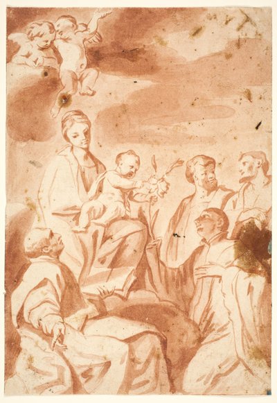 Madonnan och barnet tronade med den helige Ignatius av Loyola, Francis Xavier, Cosmas och Damian av after Andrea Sacchi