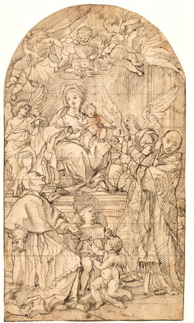 Madonnan och barnet på tronen, flankerad av änglar och de heliga Charles Borromeo och Ignatius av Loyola av after Carlo Maratti