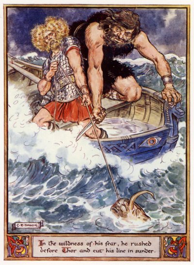 I sin rädslas vildhet rusade han framför Thor och skar ner sin lina av after Charles Edmund Brock