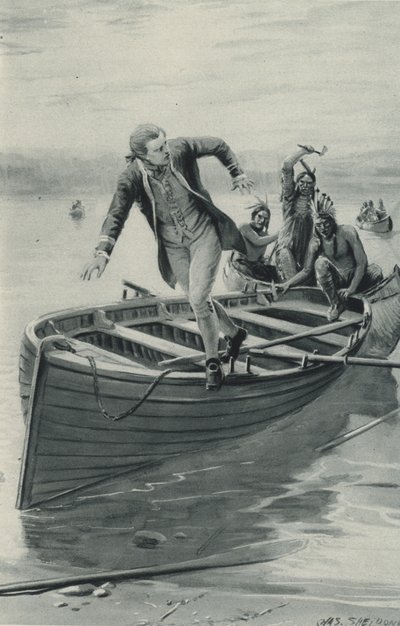 Kapten James Cook hoppar ur sin båt när de röda indianerna hoppar in av after Charles Mills Sheldon