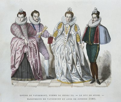 Louise av Lorraine-Vaudemont (1553-1601), hustru till Henri III, hertig av Guise (1549-88), Marguerite av Vaudemont (1564-1625) och Anne av Joyeuse (1561-87) av after Chevignard