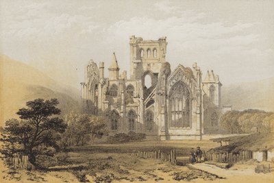 Melrose Abbey, från öst (chromolitho) av after David Roberts