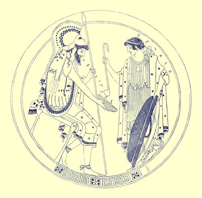 En sittande krigare håller sin vinkopp, illustration från Greek Vase Paintings av J. E. Harrison och D. S. MacColl, publicerad 1894 (digitalt förbättrad bild) av after English School
