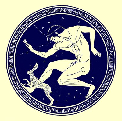 Pojke och hare, illustration från grekiska vasmålningar av J. E. Harrison och D. S. MacColl, publicerad 1894 (digitalt förbättrad bild) av after English School