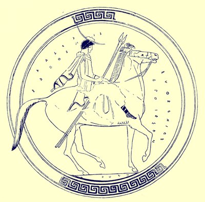 Pojke på häst, illustration från grekiska vassmålningar av J. E. Harrison och D. S. MacColl, publicerad 1894 (digitalt förbättrad bild) av after English School
