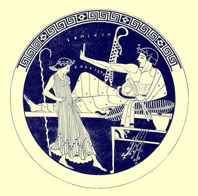 Dansande flicka och festande ungdom, illustration från grekiska vassmålningar av J. E. Harrison och D. S. MacColl, publicerad 1894 (digitalt förbättrad bild) av after English School