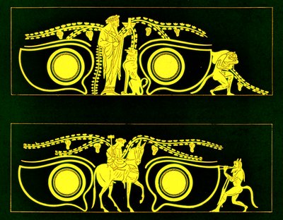 Dionysos, Hephaistos och satyrer, illustration från grekiska vassmålningar av J. E. Harrison och D. S. MacColl, publicerad 1894 (digitalt förbättrad bild) av after English School