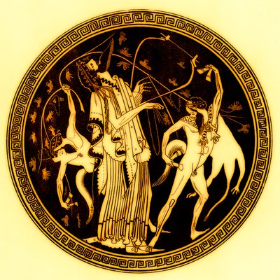Dionysos och satyrer, illustration från grekiska vassmålningar av J. E. Harrison och D. S. MacColl, publicerad 1894 (digitalt förbättrad bild) av after English School