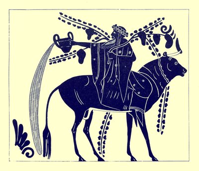 Dionysos rider på en tjur, illustration från grekiska vasmålningar av J. E. Harrison och D. S. MacColl, publicerad 1894 (digitalt förbättrad bild) av after English School