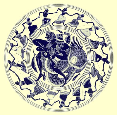 Herakles brottas med Triton, illustration från Greek Vase Paintings av J. E. Harrison och D. S. MacColl, publicerad 1894 (digitalt förbättrad bild) av after English School