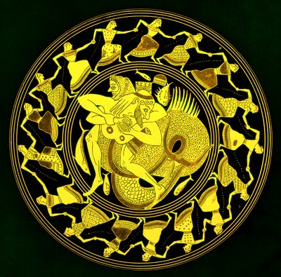 Herakles brottas med Triton, illustration från Greek Vase Paintings av J. E. Harrison och D. S. MacColl, publicerad 1894 (digitalt förbättrad bild) av after English School