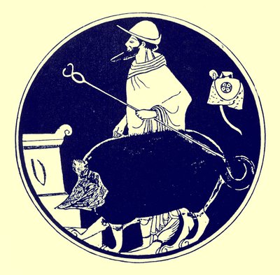 Hermes och den maskerade hunden, illustration från grekiska vasmålningar av J. E. Harrison och D. S. MacColl, publicerad 1894 (digitalt förbättrad bild) av after English School