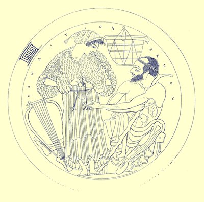 Interiör av Cylix av Euphronios, illustration från grekiska vasmålningar av J. E. Harrison och D. S. MacColl, publicerad 1894 (digitalt förbättrad bild) av after English School