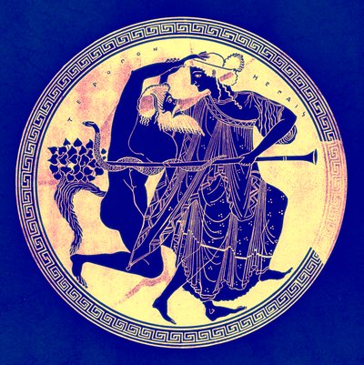 Satyr och Maenad, illustration från grekiska vasmålningar av J. E. Harrison och D. S. MacColl, publicerad 1894 (digitalt förbättrad bild) av after English School