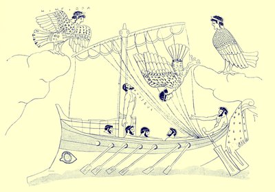 Ulysses and the Sirens, illustration från grekiska vassmålningar av J. E. Harrison och D. S. MacColl, publicerad 1894 (digitalt förbättrad bild) av after English School
