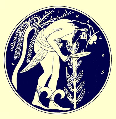 Woodman at work, illustration från grekiska vassmålningar av J. E. Harrison och D. S. MacColl, publicerad 1894 (digitalt förbättrad bild) av after English School