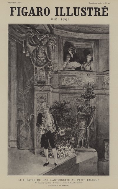 Franske skådespelaren Louis Arsene Delaunay reciterar Jules Clareties-dikten A Trianon på Theatre de Marie Antoinette på Petit Trianon, Versailles av after Felicien baron de Myrbach Rheinfeld