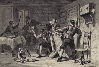 Puritaner barrikaderar sitt hus mot indianer av after Felix Octavius Carr Darley