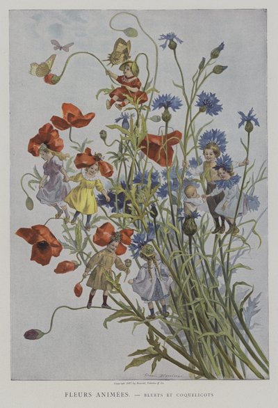 Fleurs Animees. Bleuets et Coquelicots. (Animerade blommor: blåklint och vallmo) av after Firmin Bouisset