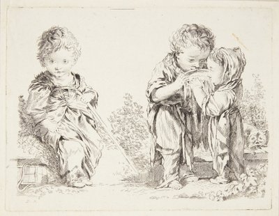 Barn som sitter på en jordklump och de små mjölkdrickarna av after Francois Boucher